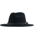 Classic black felt fedora hat for women with brown braided leather band and metal buckle - Black