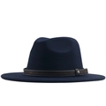 Detail of dark blue fedora hat with brown braided band and silver diamond metal buckle - Navy Blue