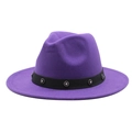 Detail of purple wool fedora hat featuring a black band and sunflower rhinestone buckle - Medium (56-58cm) / Purple