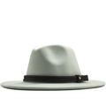 Classic light grey wide brim wool fedora hat with brown leather band and metal buckle - White