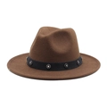 Detail of a brown fedora hat featuring a black band with metal flower studs and crystals - Dark Coffee
