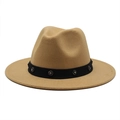 Detail of wool fedora hat featuring a black band with floral rhinestone embellishments - Camel