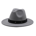 Detail of grey wool fedora hat featuring a black band with sparkling rhinestone clusters - Gray