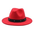Classic red wool fedora hat for women with black decorative band and metal floral accents - Medium (56-58cm) / Red