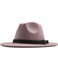 Detail of pink fedora hat featuring a brown textured band and metallic buckle - Pink