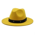 Classic yellow wool fedora hat with wide flat brim and black floral buckle band - Medium (56-58cm) / Yellow