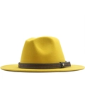 Vibrant yellow felt fedora hat with brown leather band and metal buckle on white background - M (56-58cm) / Yellow