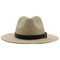 Close-up of Panama straw fedora hat featuring a black leather band and silver metal buckle - M (56-58cm) / Beige