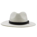 Detailed texture of ivory Panama straw hat featuring a black leather band and silver buckle - M (56-58cm) / White