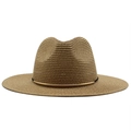 Summer wide brim straw Fedora Panama hat with black band and gold metal detail - M (56-58cm) / Khaki