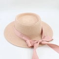 Detailed close-up of woven straw sun hat texture with elegant pink satin ribbon bow - M (56-58cm) / Pink