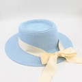 Detail of light blue straw boater hat with a wide cream ribbon and stylish bow knot - M (56-58cm) / Sky Blue