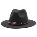 Classic black wool fedora hat with a woven brown band and vintage bull head metal ornament - M (55-58cm) / Black