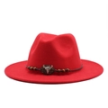Detail of red wool fedora featuring a braided band and vintage metal bull skull charm - M (55-58cm) / Red