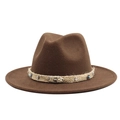 Detail of wool fedora hat with scorpion metal charm and turquoise bead on woven band - Dark Coffee