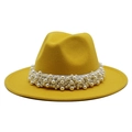 Elegant yellow felt fedora hat with wide flat brim and white pearl band decoration - 55-58cm / Yellow