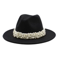 Detail of black wool fedora hat with elegant white pearls decoration on the wide brim - 55-58cm / Black