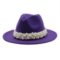 Classic deep purple wool fedora hat with flat brim and elegant pearl band decoration - 55-58cm / Purple