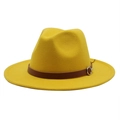Detailed view of yellow wool fedora hat texture with brown leather band and buckle - Medium (55-58cm) / Yellow