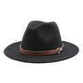 Classic black wool fedora hat with brown leather belt and silver metal ring buckle - Medium (55-58cm) / Black