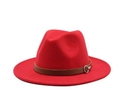 Classic red wool fedora hat with brown leather strap and metal buckle detail - Medium (55-58cm) / Red