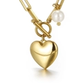 Collana dorata con fibbia OT, pendente a cuore e perla in un design minimalista - Collana Dorata (KN113613-Z)