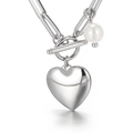 Collana con ciondolo a cuore argento con chiusura OT, catena a graffetta e perla - Collana in Acciaio (KN113612-Z)