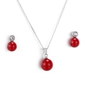 Conjunto de joyas de plata con cuentas de coral rojo y circonitas brillantes - Estilo de Perla Roja (KS132776-Z)