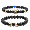 Braccialetti di perle nere opache e lucide con ciondoli a corona e cristalli blu - Set Corona d'Oro