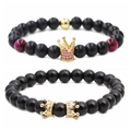 Matte and glossy black stone bead bracelets set with gold and purple crown charms - Gold Crown Rose Red Set