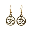 Close-up of golden Om symbol dangle earrings with intricate hollow-out religious design - Om Symbol