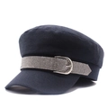 Fashionable dark blue flat-top navy cap with rhinestones and metal buckle for women - M (56-58cm) / Navy Blue