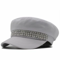 White navy style flat top hat with pearls and rhinestones on twill cotton fabric - One Size / White