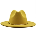 Close-up of yellow wool fedora hat featuring a stylish gold metal ring buckle detail - M (56-58cm) / Yellow