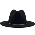 Detail of classic black wool fedora featuring a minimalist gold ring buckle on the band - Black