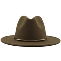 Detailed texture of brown wool fedora hat featuring a stylish gold metal bar trim - Khaki