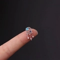 Silver stainless steel moon piercing earring with blue zircon and dangling star chains - Blue Moon Tassel Style (8#S)