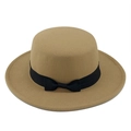 Cappello boater in feltro di lana kaki con nastro nero e tesa larga stile vintage - M (56-58cm) / Cammello