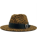 Classic leopard print wool fedora hat with a black buckled leather band for men and women - M (56-58cm) / Khaki