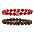 Tiger eye stone and red beaded crown bracelets set for couples in a vertical layout - Red Pine Crown Set