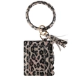 Detail of leopard print wristlet card holder featuring round keychain ring and tassel - Yellow Green Leopard