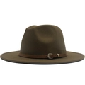 Classic brown wool fedora hat with elegant leather band and golden metal buckle accessory - Khaki
