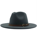 Detail of dark grey wool felt fedora hat featuring a brown leather band with gold buckle - Dark Gray