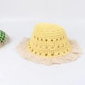 Detail of crochet straw hat with delicate white lace brim and breathable knit texture - Kids (50-53CM) / Yellow