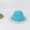 Detail of hand-woven hollow sky blue straw hat with wide white lace brim decoration - Kids (50-53CM) / Blue