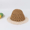Detail of hand-woven brown straw hat with white lace trim and breathable hollow mesh design - Kids (50-53CM) / Khaki