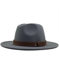 Classic grey wool fedora hat with a brown leather band and silver rivet accents - Gray