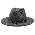 Grey leopard print fedora hat with wide brim and brown buckled decorative band - Dark Gray