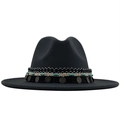 Detail of wool fedora hat with ethnic band, turquoise beads, and bronze charms - Dark Gray