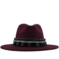 Ethnic style wool fedora hat in burgundy featuring a wide brim and bohemian tassel band - Burgundy